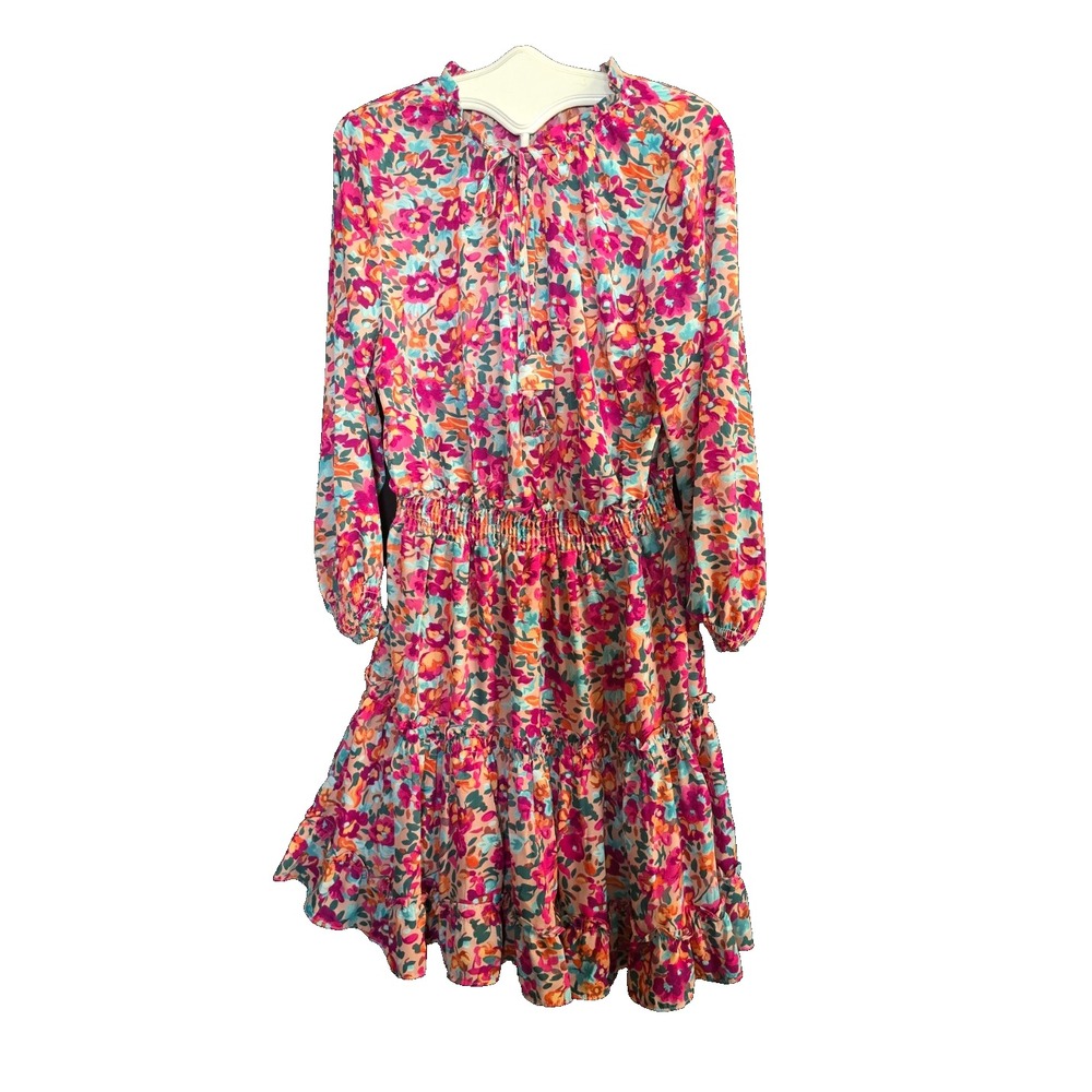 Floral Tie-Neck Long Sleeve Dress - Pink Multicolor